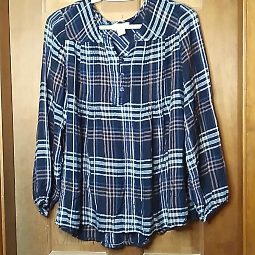 Style & Co Purple Plaid Pintucked Peasant Top Size L